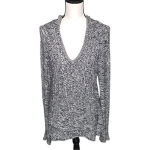 Vtg Y2K Roxy Gray Knit V-Neck Sweater Hooded Beachy Granola Girl Hippie